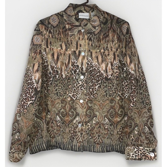 Alfred Dunner Tops - Alfred Dunner Button Up Blouse Women Size 16 Browns Semi Sheer‎ Collared Cheetah